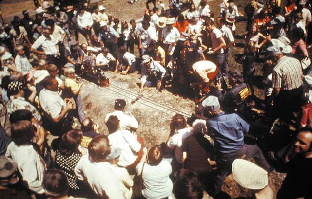 Driving the spike at the Golden Spike ceremony  May 20, 1973